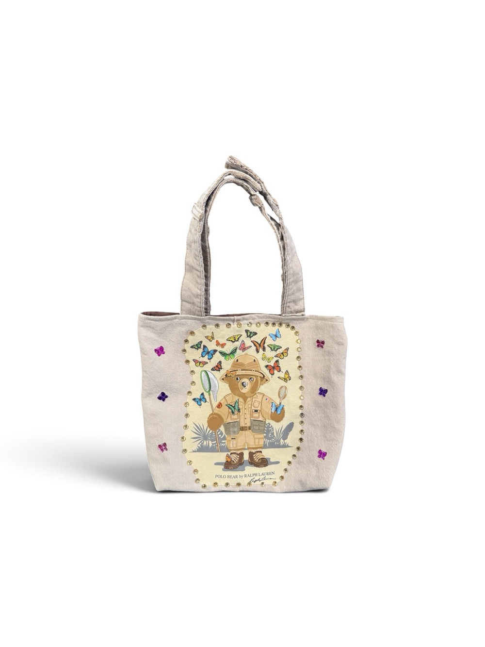 Ralph Lauren Beige Canvas Polo Bear Tote with Butterfly Accents
